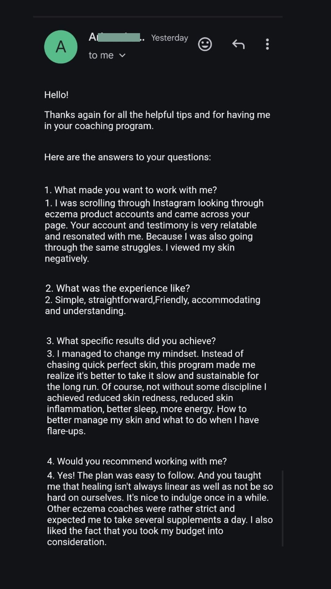 Client testimonial about personalized eczema guidance